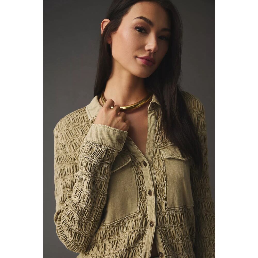 Anthropologie Pilcro Smocked Shacket Button Up Chest Pocket Olive Green Size S - Picture 4 of 16